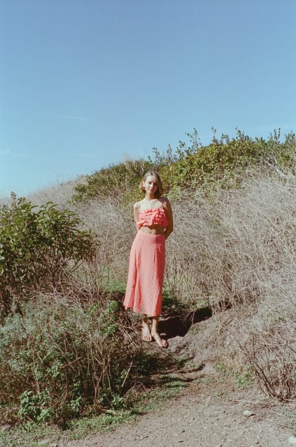 Cotton Blend Skirt with Slit in Red Bloom - Image 2