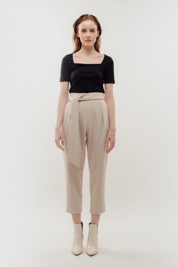 High Waisted Trousers with Belt Tie in Beige - Image 5