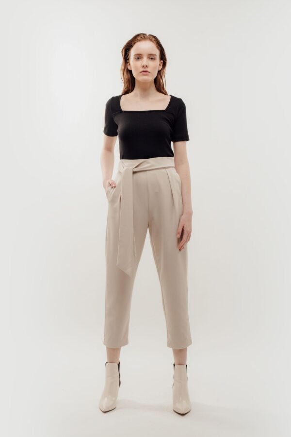High Waisted Trousers with Belt Tie in Beige - Image 2