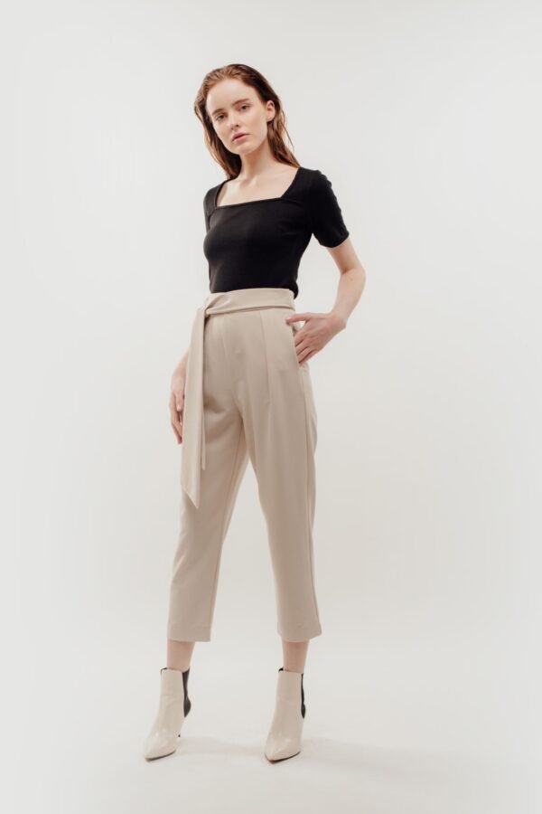 High Waisted Trousers with Belt Tie in Beige - Image 3