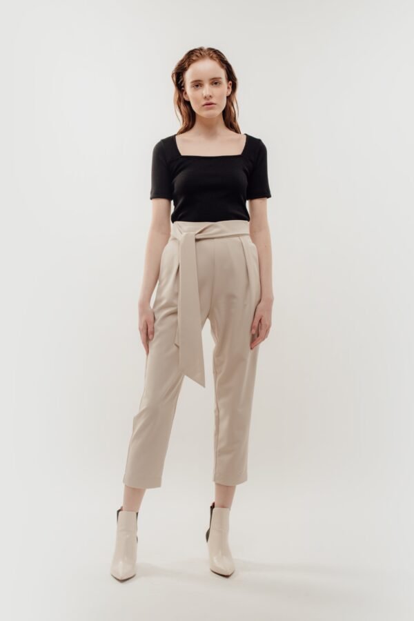 High Waisted Trousers with Belt Tie in Beige - Image 4