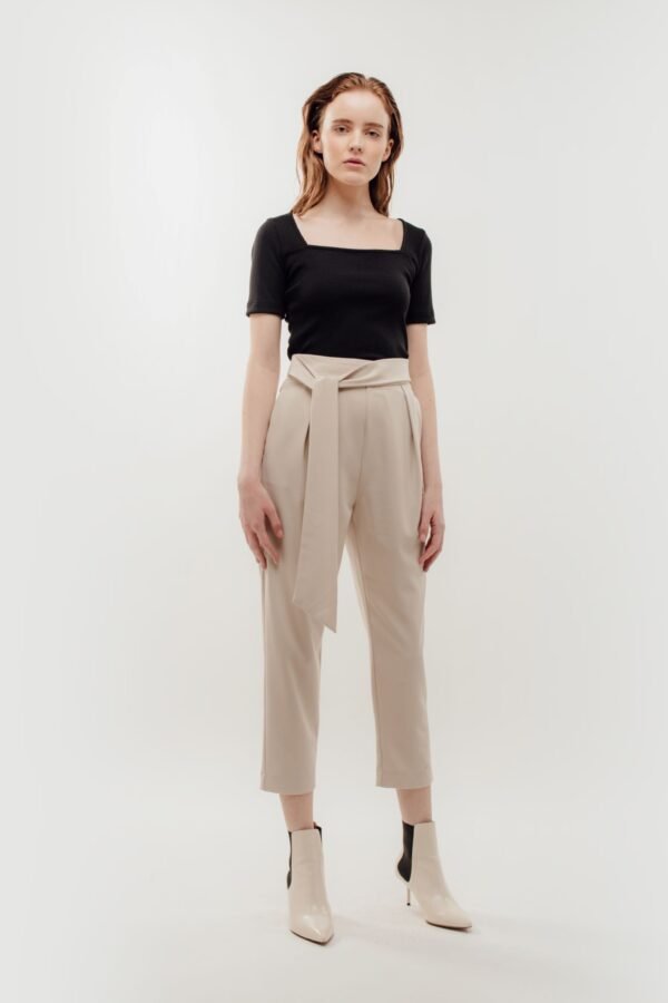 High Waisted Trousers with Belt Tie in Beige