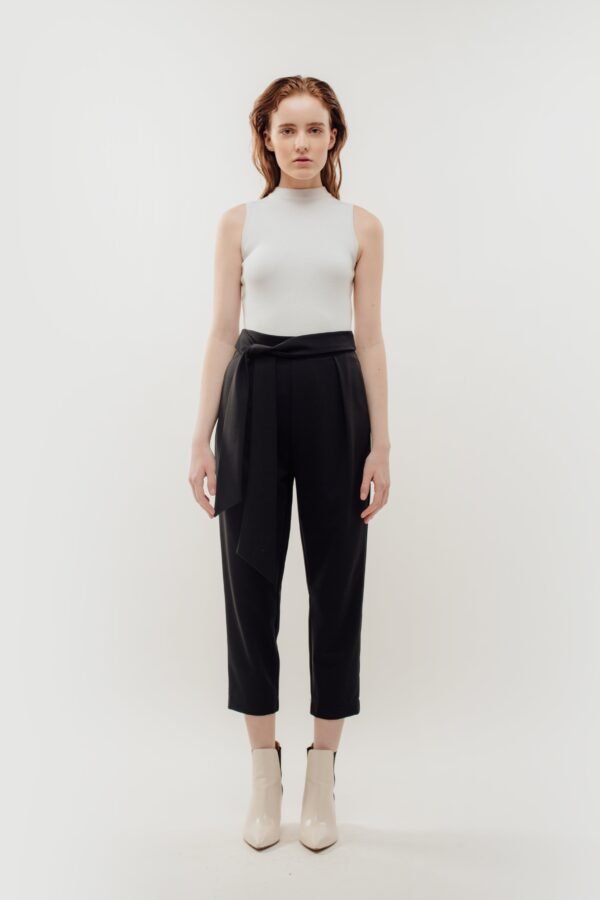 High Waisted Trousers with Belt Tie in Navy - Image 5