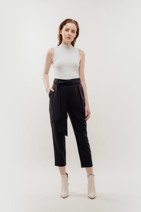 High Waisted Trousers with Belt Tie in Navy