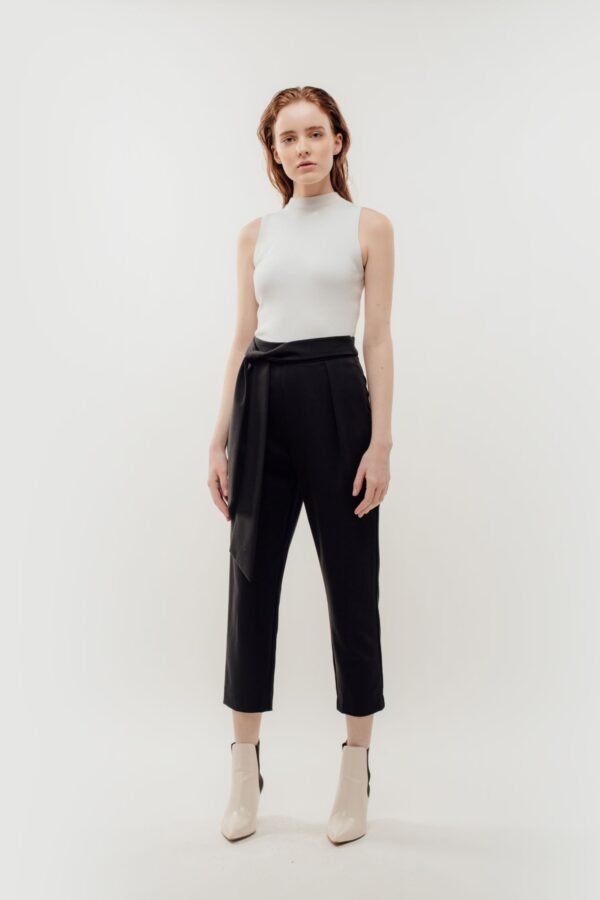 High Waisted Trousers with Belt Tie in Navy - Image 2