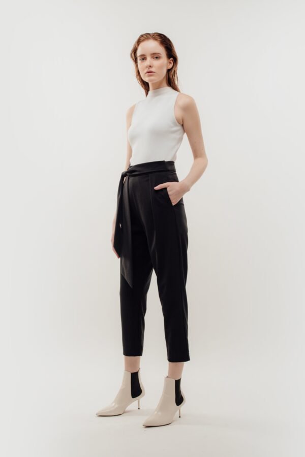 High Waisted Trousers with Belt Tie in Navy - Image 3