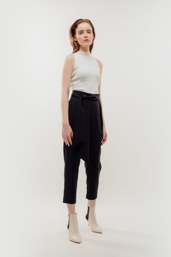 High Waisted Trousers with Belt Tie in Navy - Image 4
