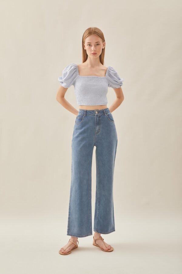 Puffed Sleeved Shirred Top in Mist Blue - Image 2