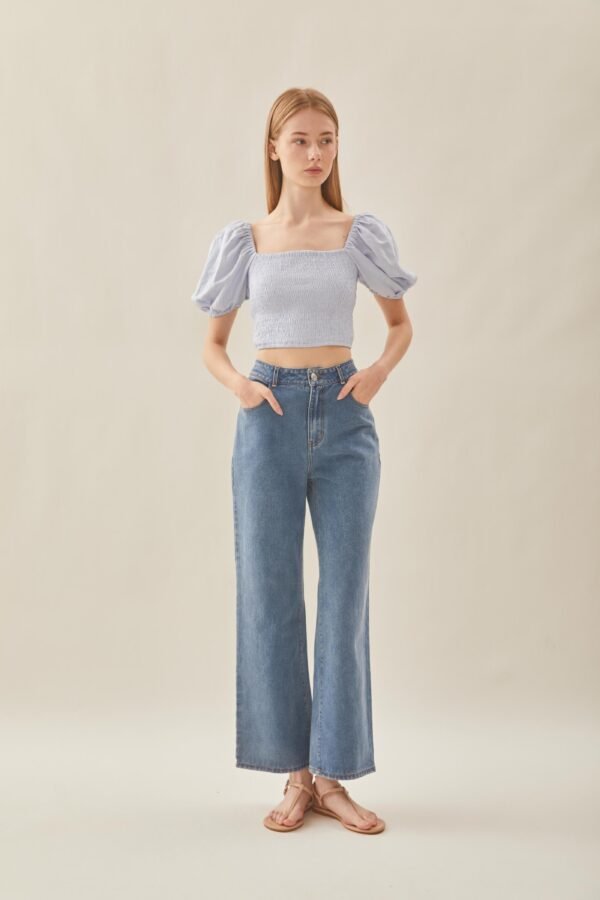Puffed Sleeved Shirred Top in Mist Blue - Image 3