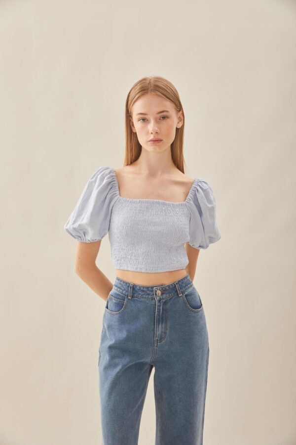 Puffed Sleeved Shirred Top in Mist Blue - Image 5