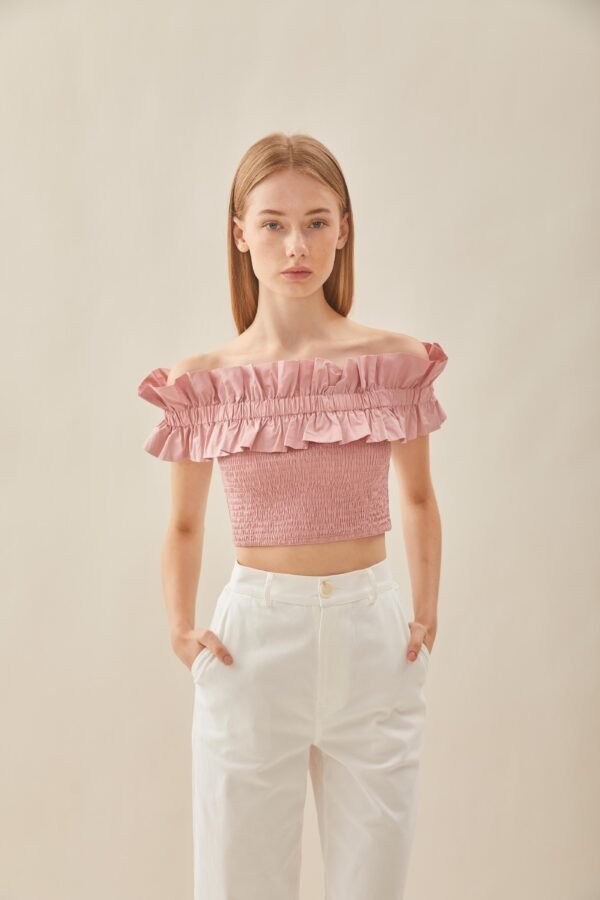 Off Shoulder Top with Ruffles in Tea Rose - Image 5