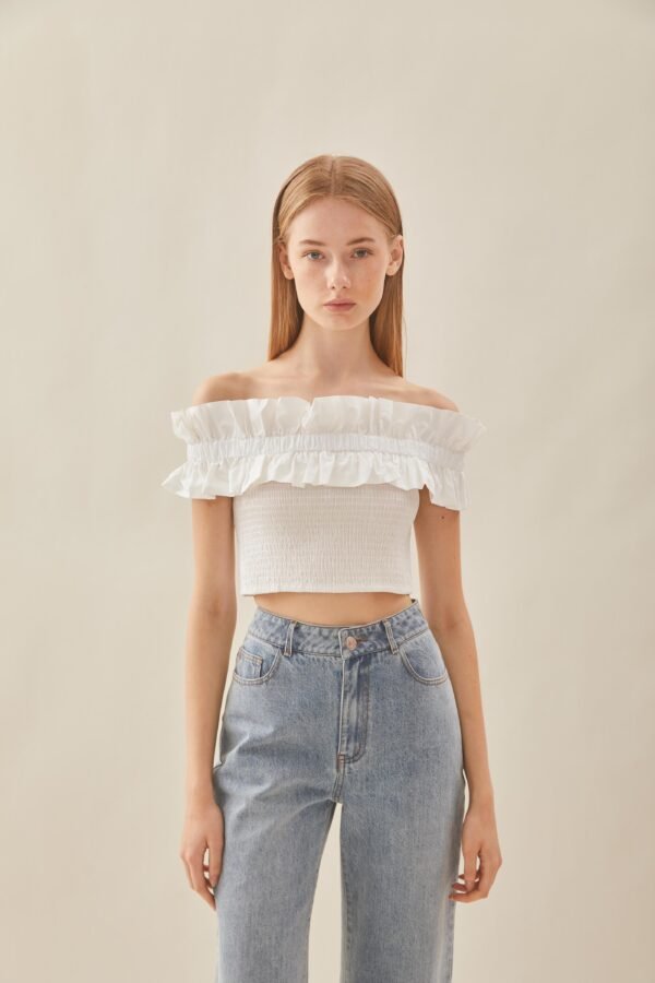 Off Shoulder Top with Ruffles in White - Image 7