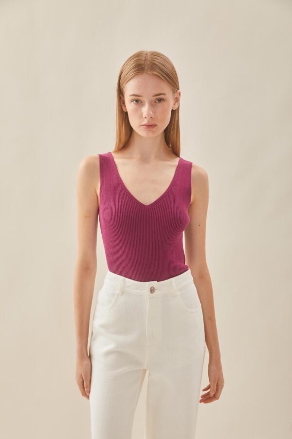 V Neck Knit Tank in Beetroot - Image 6
