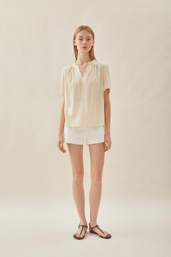 Pleated V Neck Blouse in Natural - Image 2