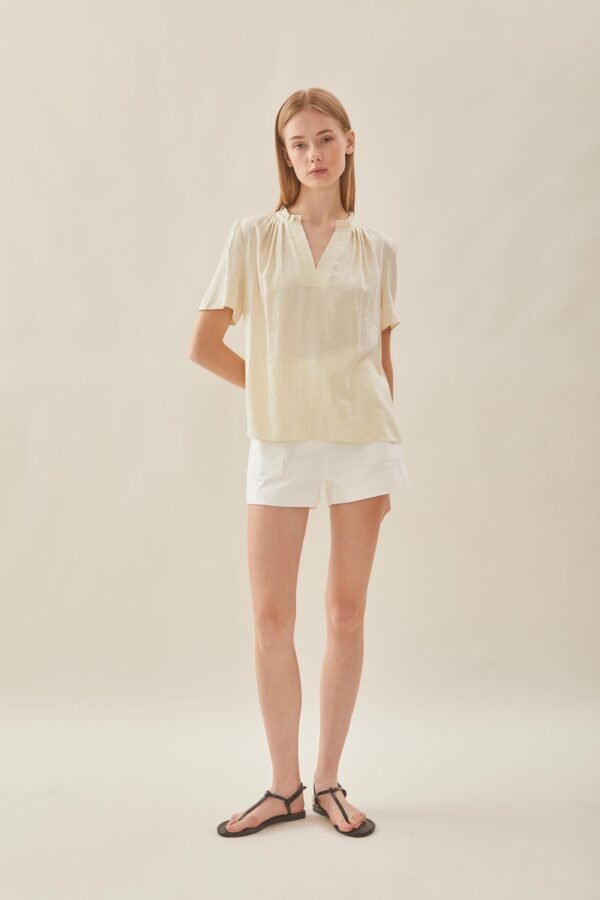 Pleated V Neck Blouse in Natural - Image 3