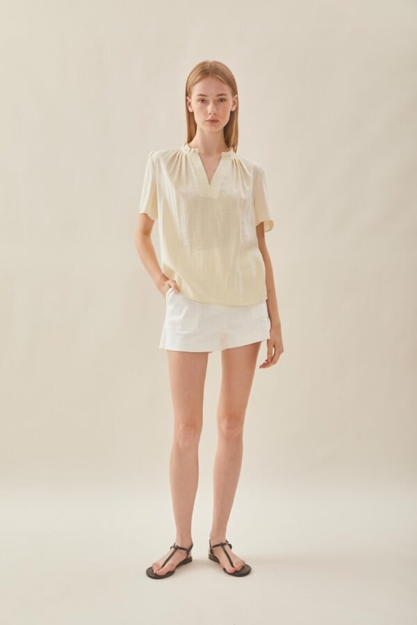 Pleated V Neck Blouse in Natural - Image 4