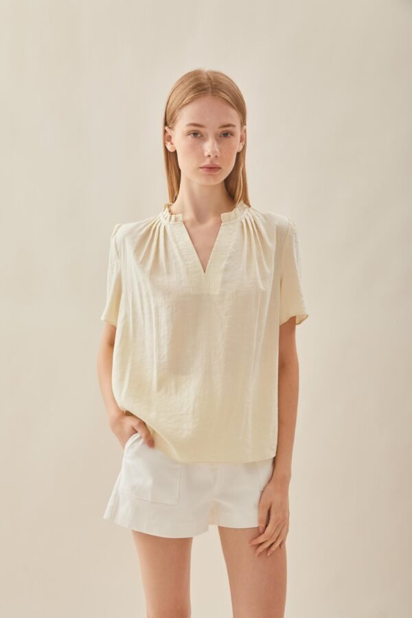 Pleated V Neck Blouse in Natural - Image 5