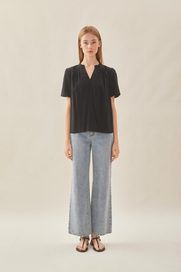 Pleated V Neck Blouse in Black