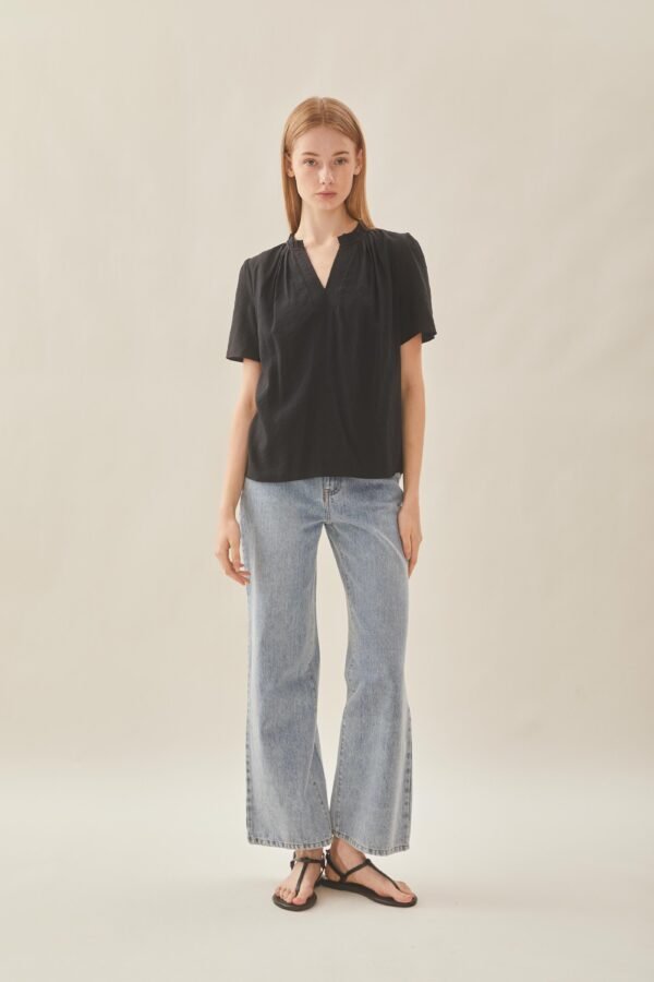 Pleated V Neck Blouse in Black - Image 3