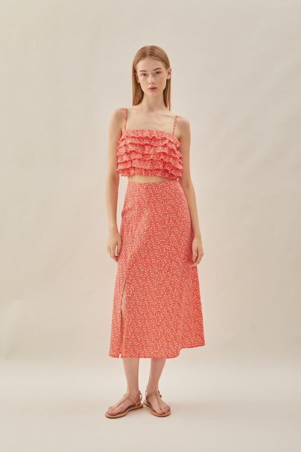 Cotton Blend Skirt with Slit in Red Bloom - Image 3