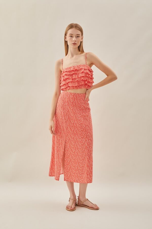 Cotton Blend Skirt with Slit in Red Bloom - Image 4
