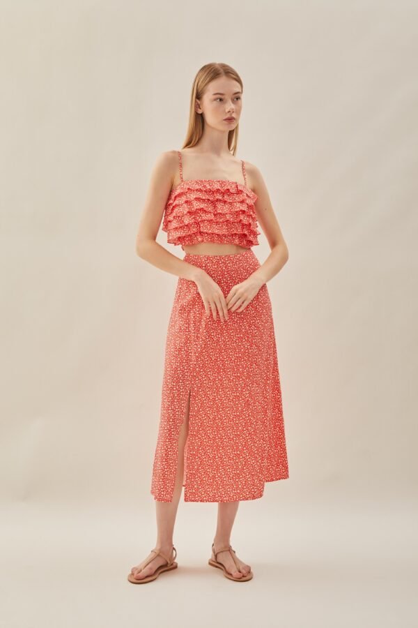 Cotton Blend Skirt with Slit in Red Bloom - Image 5