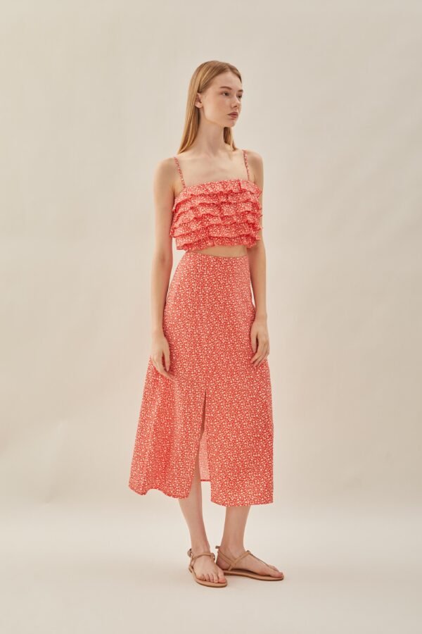 Cotton Blend Skirt with Slit in Red Bloom - Image 6