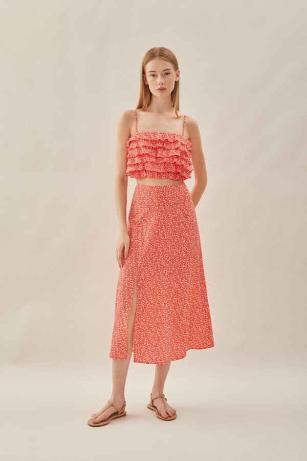 Cotton Blend Skirt with Slit in Red Bloom - Image 7