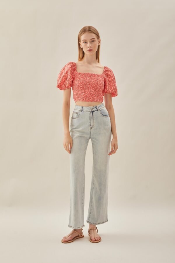 Puffed Sleeved Shirred Top in Red Bloom - Image 2