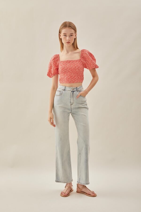 Puffed Sleeved Shirred Top in Red Bloom - Image 3