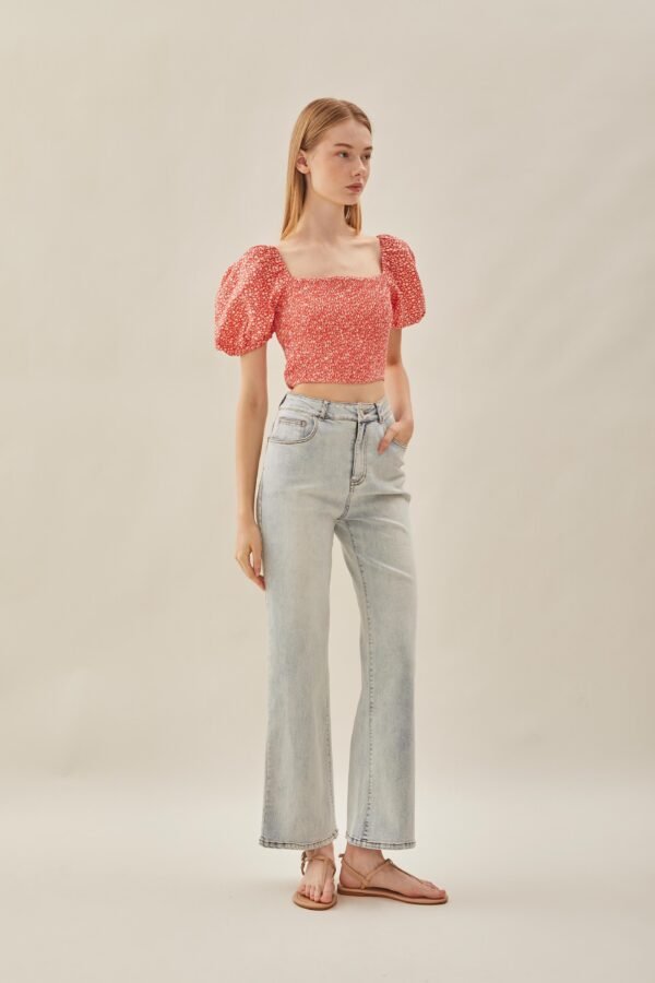 Puffed Sleeved Shirred Top in Red Bloom - Image 4