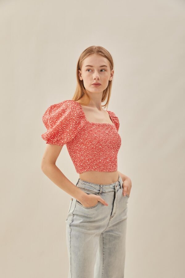 Puffed Sleeved Shirred Top in Red Bloom - Image 5