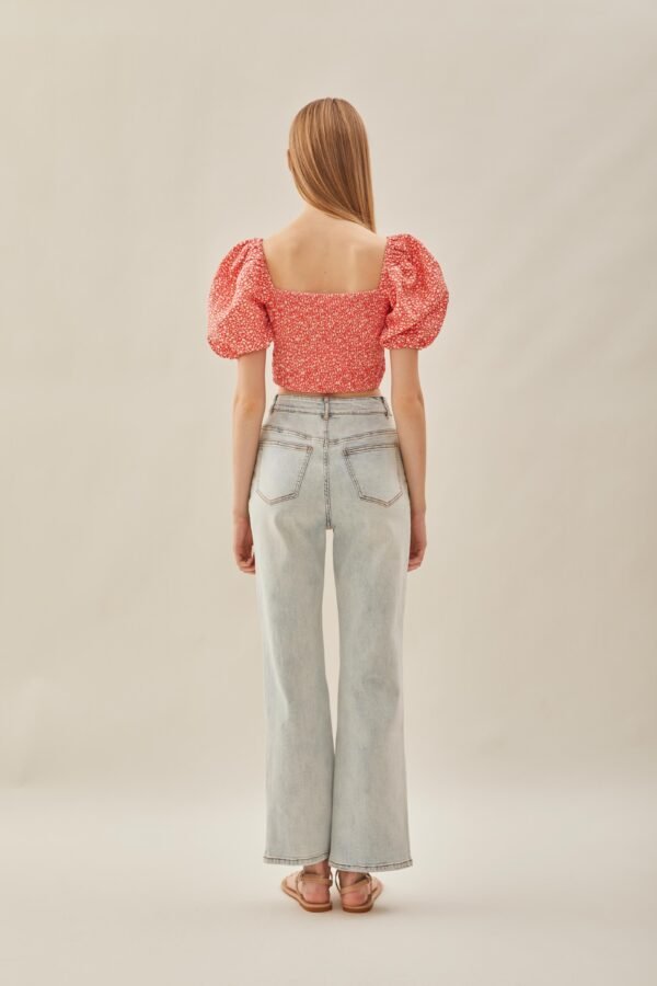 Puffed Sleeved Shirred Top in Red Bloom - Image 6