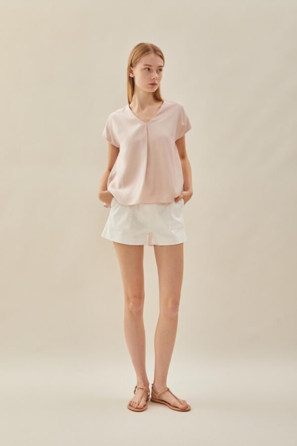 V Neck Sleeved Top in Petal Pink - Image 3