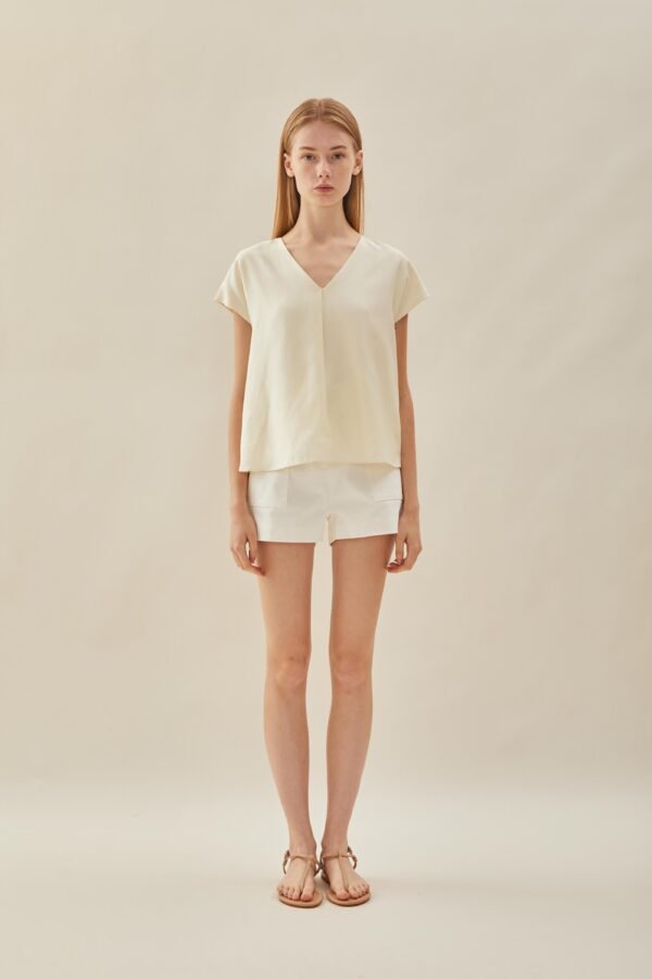 V Neck Sleeved Top in Natural