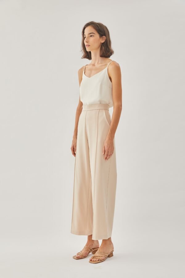 High Waisted Wide Legged Trousers w Foldlines In Light Sand - Image 3
