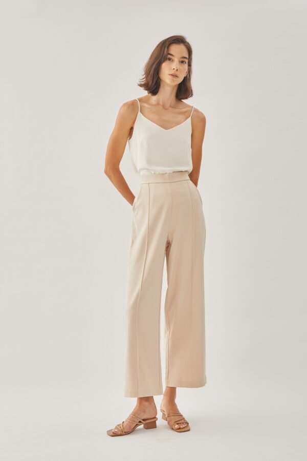 High Waisted Wide Legged Trousers w Foldlines In Light Sand - Image 2