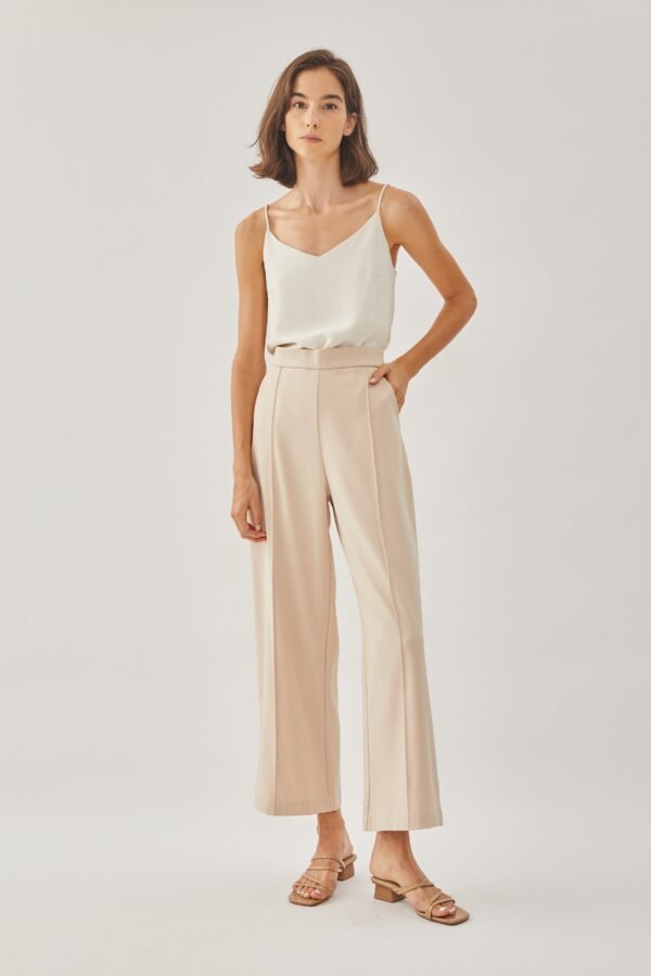 High Waisted Wide Legged Trousers w Foldlines In Light Sand - Image 4