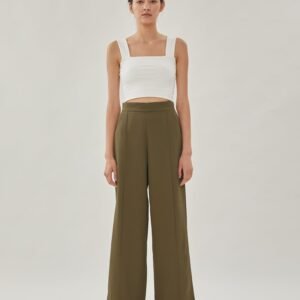 High Waisted Wide Legged Trousers w Foldlines In Olive