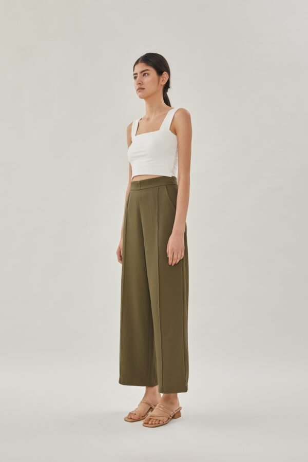 High Waisted Wide Legged Trousers w Foldlines In Olive - Image 2