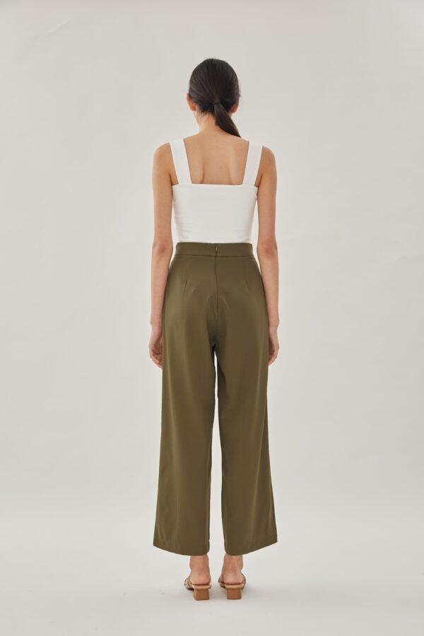 High Waisted Wide Legged Trousers w Foldlines In Olive - Image 6
