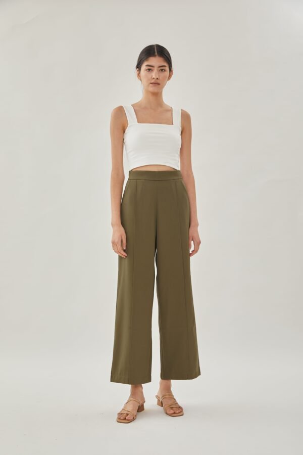 High Waisted Wide Legged Trousers w Foldlines In Olive - Image 3