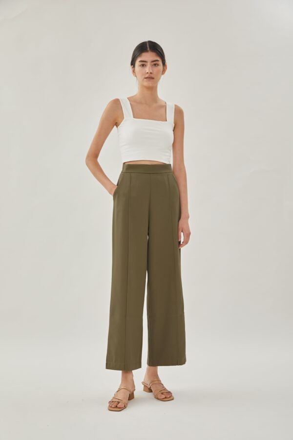 High Waisted Wide Legged Trousers w Foldlines In Olive - Image 4