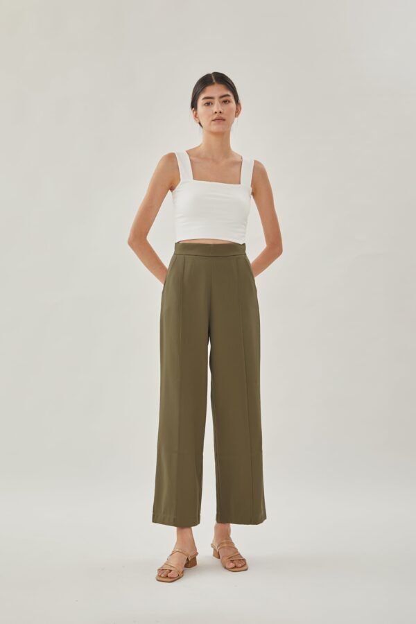 High Waisted Wide Legged Trousers w Foldlines In Olive - Image 5