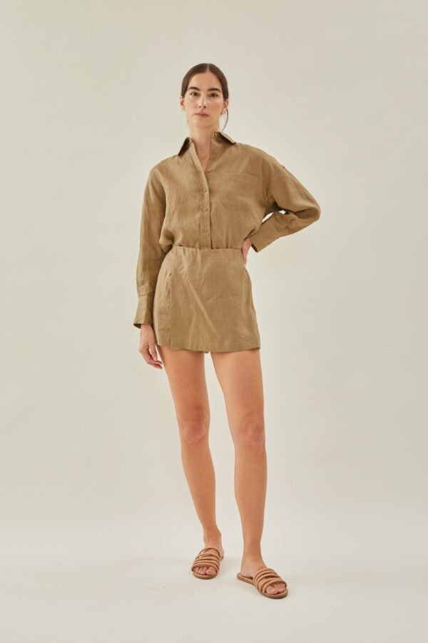 Linen Wrap Skorts in Brown - Image 3